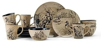Mossy Oak 16-Piece Stoneware Dinnerware Set, Service for 4 with Dinner Plates, Salad Plates, Bowls and Mugs, Lodge-Style Wildlife Animal Sketch Design, Dishwasher and Microwave Safe