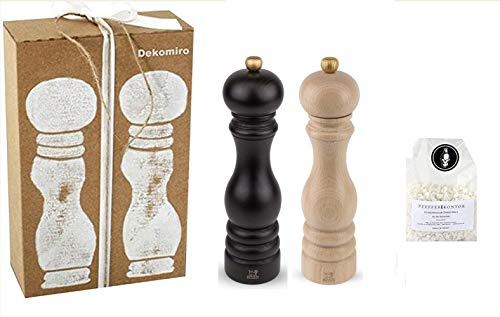 Dekomiro Peugeot Paris Pfeffermühle Schoko + Salzmühle Natur 22 cm im Set mit 100 gr. Salz Geschenkverpackung