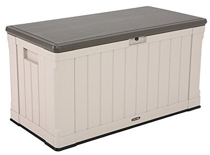LIFETIME 60186 Heavy-Duty Outdoor Storage Deck Box 439.11 L Outdoor Storage Box, Desert Sand Wood Look, 127.9 x 64 x 67.2 cm