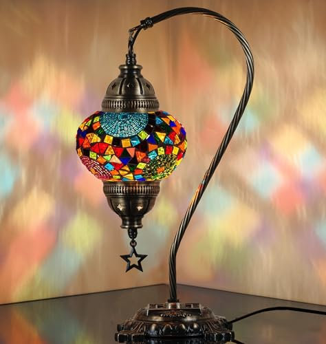 DEMMEX Authentic Turkish Lamp, Made in Turkey, Turkish Moroccan Mosaic Table Bedside Lamp, 100% Handcrafted, Antique Brass Color Metal Body and Decorated Metal Base, 15, Topmix