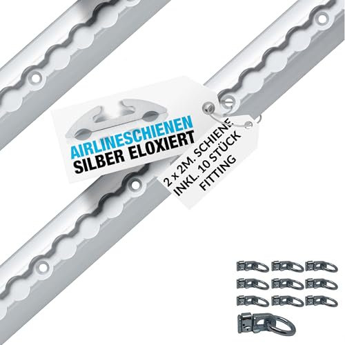NTG 2 Stück je 2 m Airlineschiene halbrunde Form aus Aluminum mit Bohrungen - Sparset - inkl 10 Stück Doppelfitting | Ladungssicherung für LKWs, Anhänger, Wohnmobile | eloxiert | 1975mm