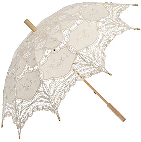 SQOIKOS Ivory Lace Parasol Umbrella Vintage Wedding Bridal Lace Umbrella for Decoration Photo Tea Party Adult Size