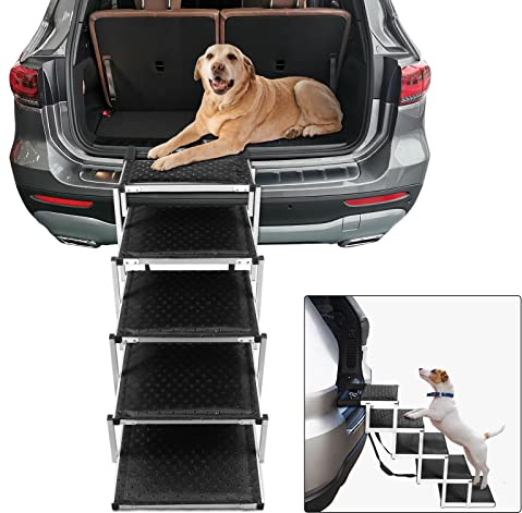 KELIXU Dog Car Ramp Dog Steps for Large Dogs, Pet Stairs with Support Bar for Cars and SUV, Lightweight Aluminum 5 Steps Pet Ramp with Non-Slip Surface, Support 80KG