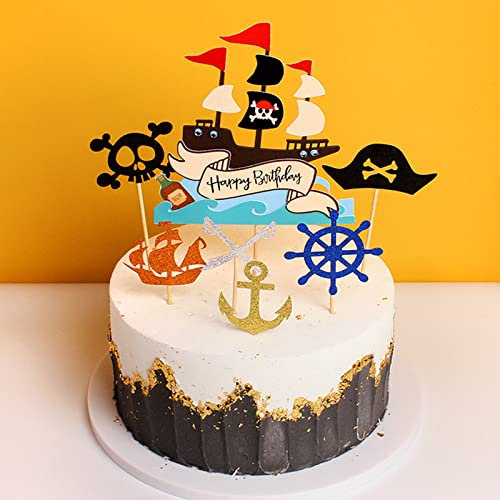 Bymivofun 13 piezas Adornos para tartas piratas, decoración de cupcakes pirata con purpurina, Adornos para tartas de feliz cumpleaños, para Niños, Cumpleaños, Fiesta de Halloween, Magdalenas