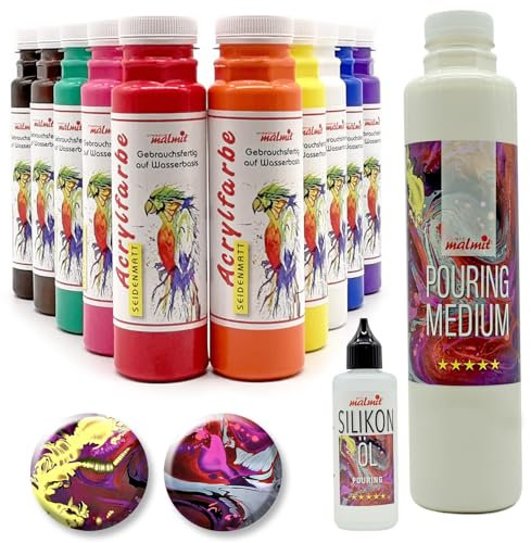 10 x Acrylfarben + Pouring fluid + Silikonöl | Acryl gießen Fließtechnik Malfarben | Made in Germany | für Leinwand, Holz, Stein, Pappe