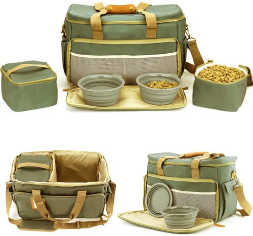 Multi-Use Pet Outdoor Bag with Locking Zippers, Food & Accessory Bag for Dogs, Cats & Pets - Khaki Green