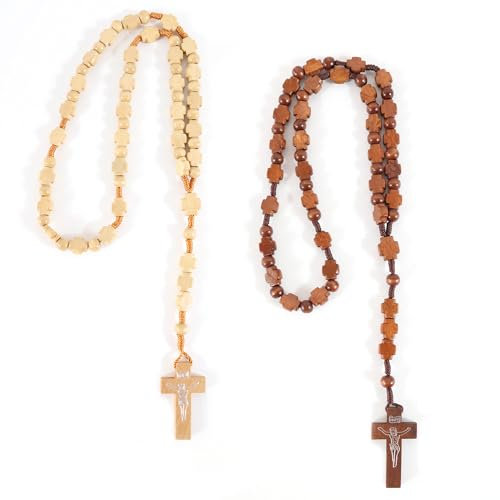 2x Oliven Holz Rosenkranz Katholisch mit Ausführung in 2 Arten von Teakholz | Rosenkranz Kette Holzperlen Kreuzförmig Handgemachte | Rosenkranz Armband Kreuz für Männer und Frauen | Rosenkranz Holz
