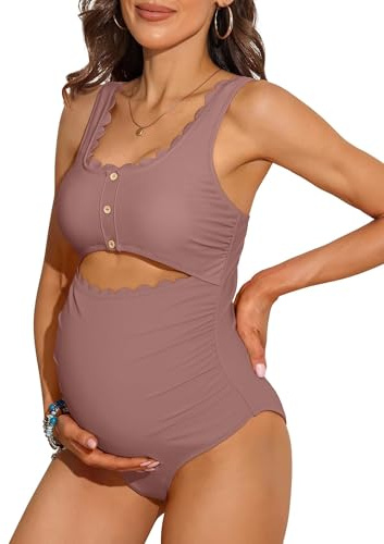 Charmo Womens Maternity Swimsuits One Piece Pregnancy Swimwear | Removable Pads, Scallop edge, Adjustable Straps, Ruched Design, Breathable