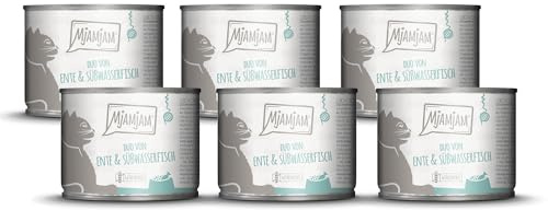 MjAMjAM - Cibo umido premium per gatti - DUO di anatra tenera e pesce d'acqua dolce con carote, confezione da 6 6 x 200g, senza cereali con carne extra, Anatra + pesce, Confezione da 6 (6 x 200 g)