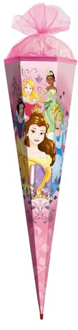 ROTH Disney Princess - Grand Cornet d'écolier - 85 cm - Paillettes - 6 pans - Fermeture en Tulle - Dentelle Rouge (H) - Sac à Sucre - pour la rentrée Scolaire
