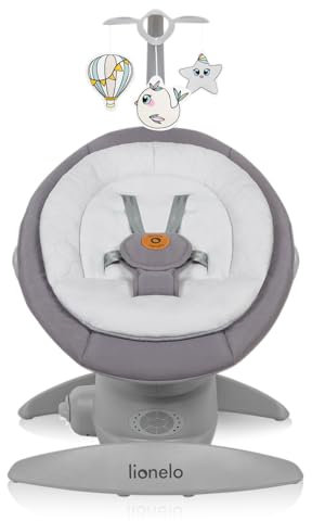 Lionelo MELL Elektrische Babywippe mit 360o Drehung für Babys bis 9 kg Verstellbare Rückenlehne 5 Schaukelgeschwindigkeiten Bewegungserkennung Sitzgurte 12 Melodien Spielzeugbügel Fernbedienung