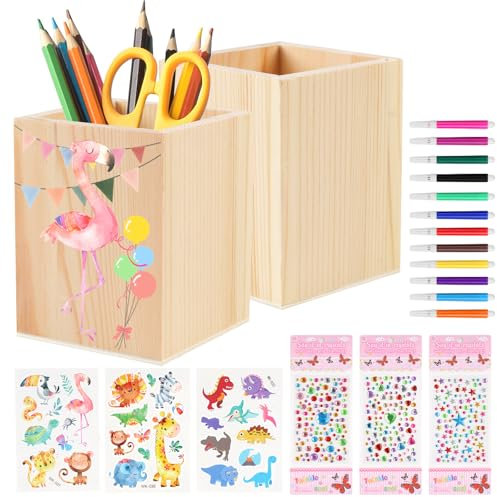 2 Stück Stiftehalter Holz, Stifteköcher Kinder zum Basteln, Kreatives Bleistifte Organizer, Kein Farb Schreibwaren Bastelset, Quadrat Holz Stifthalter für Kinder DIY Schreibtisch Deko, Einschulung