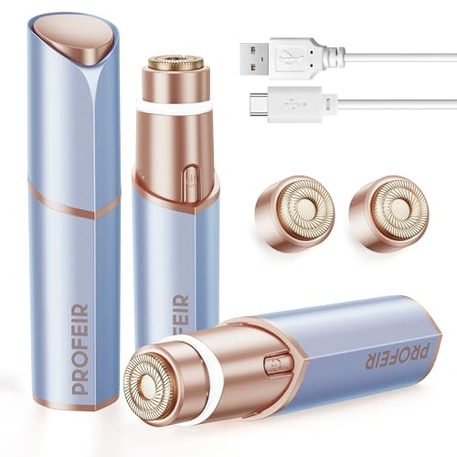 Depilación facial para mujer: dispositivo eléctrico de depilación, maquinilla de afeitar recargable sin dolor para barbilla, labio superior, melocotón, pelusas con luz para mujeres (azul dorado)