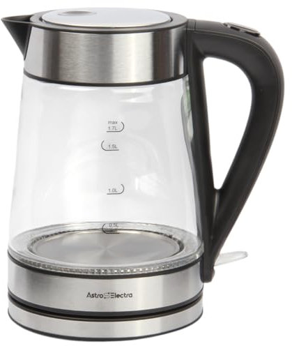 Astro Electra 1.7L Electric Glass Kettle. 2200W Fast Boil with Blue LED, Strix Controller, Cool-Touch Handle, and 360° Rotating Base. Cool Touch Handle, Dry Burn Protection, BPA Pour Spout.
