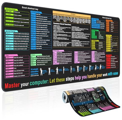 Excel Cheat Sheet Desk pad—Contains 12 Types of Common Skills in Excel and Word|Large XL Size(31.5 * 11.8 inch)|Desk mat for Keyboard and Mouse|Work、Study、Gaming Mouse pad|Waterproof、Anti-Slip