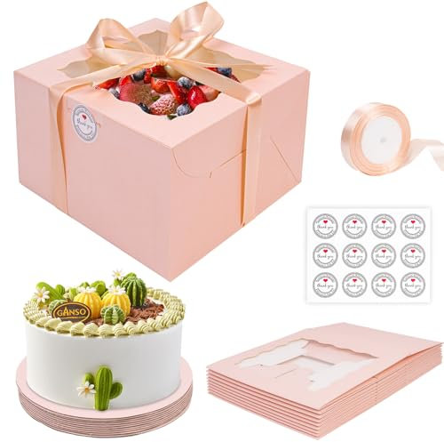 KOMABLEN Lot de 10 boîtes à gâteau hautes - 20,3 x 20,3 x 12,7 cm - Rose - Avec fenêtre transparente - Avec socle et ruban - Pour le transport de gâteaux - 20,3 cm