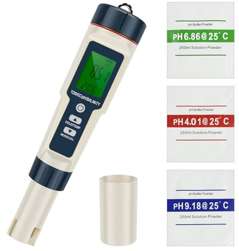 Medidor de pH digital, Pluma de medidor de pH de alta precisión, kit de medidor de pH 5 en 1 para medir el pH, TDS, EC, salinidad en%, salinidad en ppm y temperatura, termómetro para hidroponía