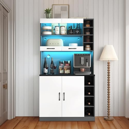 Cayipng 100x47x187cm, Mueble de Cocina, Armario de Cocina de Madera con iluminación Ambiental LED y Orificios para Cables, Amplio Espacio para microondas, estantes Laterales Regulables en Altura