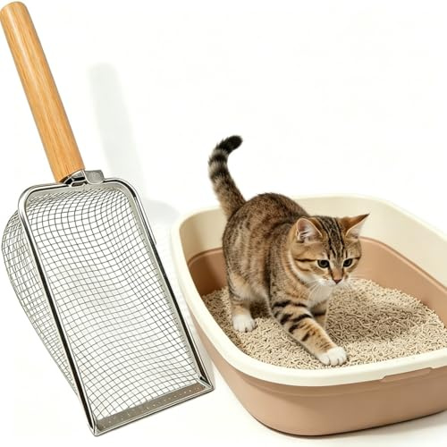MUNTE 6 Mallas Pala Arenero Gato de Acero Inoxidable, Pala Arena Gatos con Mango de Madera Maciza, con Divertido Palo de Gato, para la Limpieza Diaria de Gatos Familiares