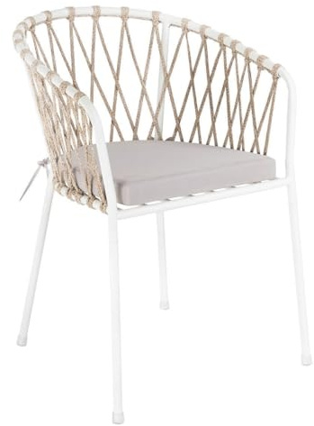 LOLAhome Silla de Jardín Myra de Acero y Cuerda Trenzada Color Blanco, 52x51x80 cm, Cojín Incluido, Ergonómica, Diseño Elegante y Resistentes, Patas Desmontables Uso Exterior