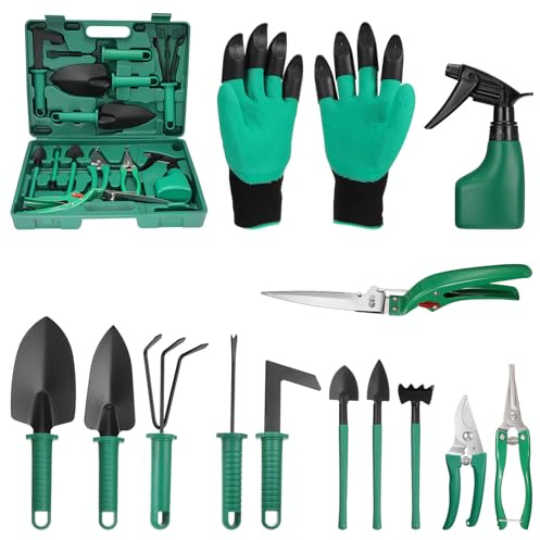 Herramientas de jardinería, Juego de 13 Piezas con Caja de Almacenamiento, Herramientas de jardinería para Amantes de la jardinería (Verde)
