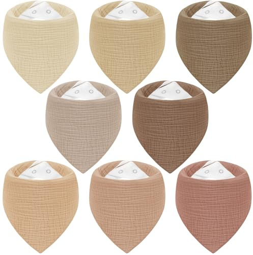 Yukkidds Lot de 8 Bavoirs Bébé Bandana – Mousseline Douce, Très Absorbante et Lavable – Pressions Réglables Sans Nickel – Idéal pour Salive, Repas et Dentition (0-36 Mois) Marron