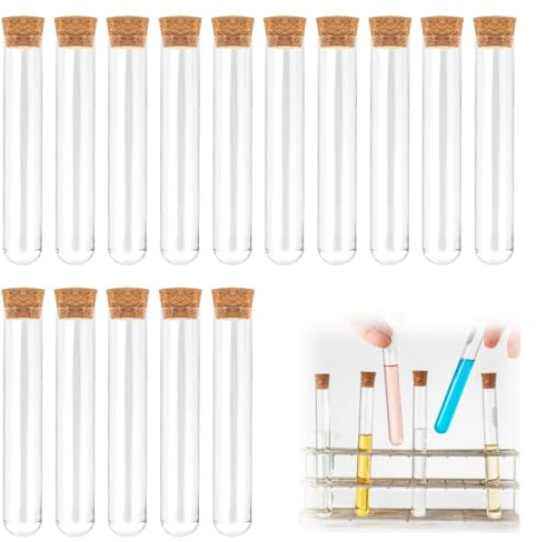GNALIA Probetas Plástico 15 Unidades, Tubos De Ensayo Transparentes Con Tapones De Corcho, Para Especias Y Confitería, Dimensiones 12Mm × 75Mm