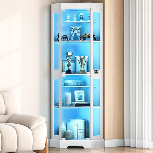 HOOBRO Corner Display Cabinet with Glass Doors，67.9 Glass Display Cabinet with LED Lights, 6-Tier Curio Cabinets for Collectibles, Books, Modern Display Case Corner Bookcase, White WT02DDC01