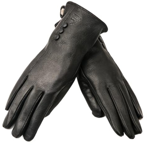 PPQIRU Läderhandskar för damer enkla varma kvinnor läderhandskar, kvinnors vintervantar, svart buckskin, Svart, 9