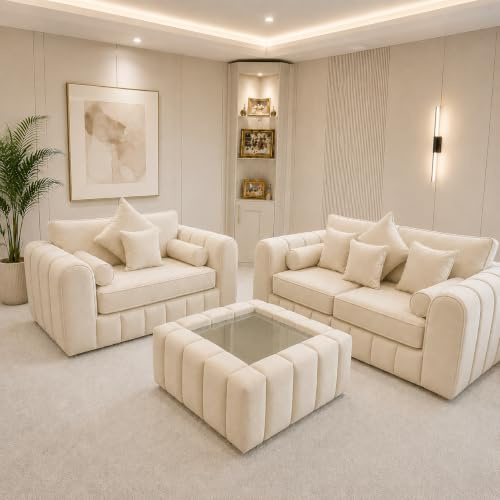 3+2 lilly Fabric Sofa Set with Free Coffee Table | Modern Living Room Sofa Set | Premium Upholstered Couch | Available in Cream, Silver, Beige, Brown & Dark Grey (Cream)