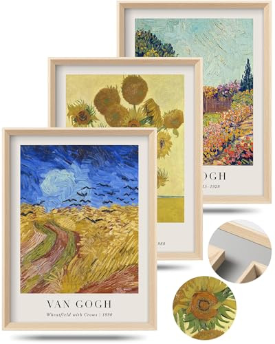 HesenDot 12x16in Van Gogh High Framed Vintage Wall Art Set of 3 | Wheatfield with Crows, Sunflowers, Landscape Canvas Prints, Home Decor for Living Room Bedroom Study Office