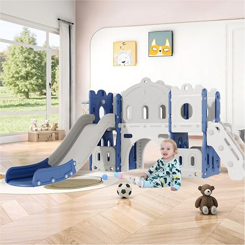 Aveainelle Toboganes Infantiles Exterior/Interior y Centro de Parque para Niños Pequeños, Escorrega Infantil de Jardín con Aro de Baloncesto y Almacenamiento, Juego de Toboganes Escaladores para Bebés