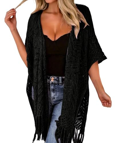 Women's Crochet Beach Cover Up Ladies Tassel Fringe Kimono Cardigan Open Front Sheer Bikini Swimwear Coverups Boho Knitted Plain Colour Summer Holiday Festival SunProtection Top (A02-Black, One Size)