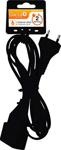 Garza - Cable alargador de corriente doméstico de 2 metros, negro, con toma de tierra hasta 10 Amperios (2300W)