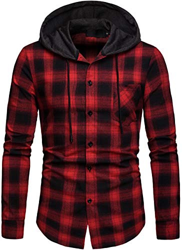 Iris Sprite Men Hooded Plaid Shirts Button Splice Sweatshirt Long Sleeve Lattice Tops (Red - A112, XXL)