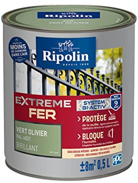 RIPOLIN - Peinture pour Fer Extérieur - Glycéro Antirouille - Sous-couche intégrée - Application directe sur Rouille - Résistante aux Intempéries, UV et Chocs - Brillant - 0,5L - Gris Clair