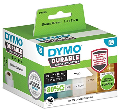 Hållbara DYMO LabelWriter-originaletiketter | 25 mm × 89 mm | Vit poly | 2 rullar med 350 etiketter (700 självhäftande etiketter) | Hög prestanda | För LabelWriter etikettskrivare