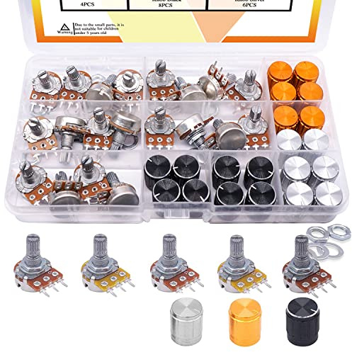 Taiss 80PCS Potentiometer Kit,WH148 B5K 10K 20K 50K 100K Ohm Single Linear Taper Rotary Audio B Type Potentiometers with Rotary knobs and Nuts, Washers