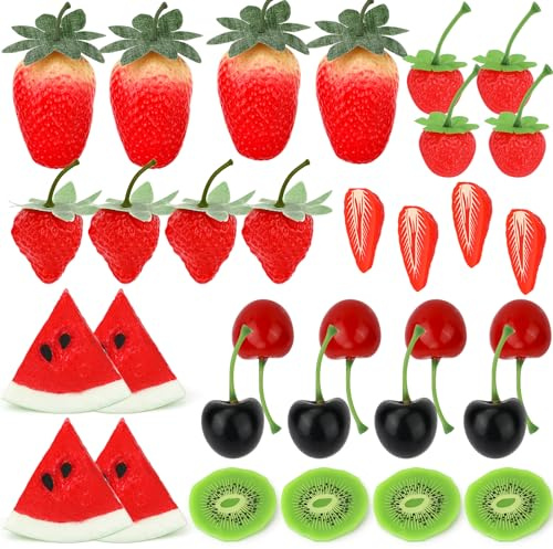 MWOOT 32 Pezzi Frutta Finta, Frutta Artificiale in Plastica, Fragole Finte Ciliegie Fette di Anguria Fette di Kiwi Decorativa per Festa Cucina Casa Ristorante Fai-Da-Te Puntelli Fotografici