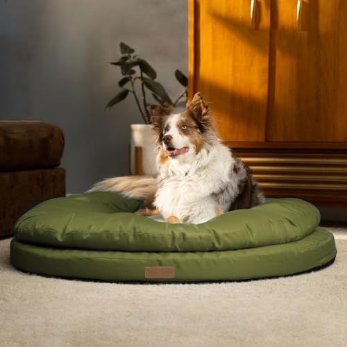 ClevaHome Cuccia Ortopedica per Cani, Letto Rotondo a Doppio Strato con Tessuto Idrorepellente, Fondo Antiscivolo e Copertura Lavabile in Lavatrice (Verde Oliva, L)