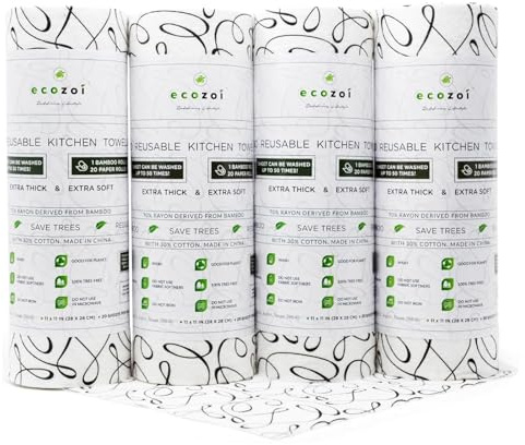 Ecozoi Bamboo Rayon Reusable Towels - 4 Pack | Equivalent to 80 Regular Rolls | 70% Rayon from Bamboo and 30% Cotton Kitchen Paper Rolls | 50 Times More Usage than Regular Paper Rolls