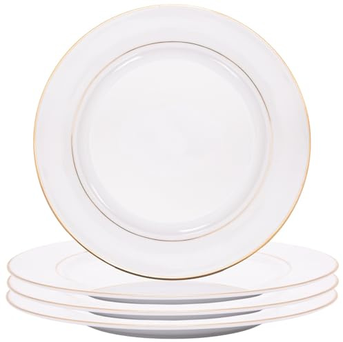 Happy Homewares Set of 4 Premium Durable White Gloss Ceramic Dinner Plates with Elegant Dual Shiny Gold Metallic Rims - Dishwasher Safe