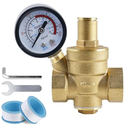 WIYETY Réducteur de pression d'eau 3/4 DN20, réducteur de pression d'eau avec manomètre, valve de réduction de pression avec outils de réglage, réducteur de pression d'eau en laiton, réducteur de