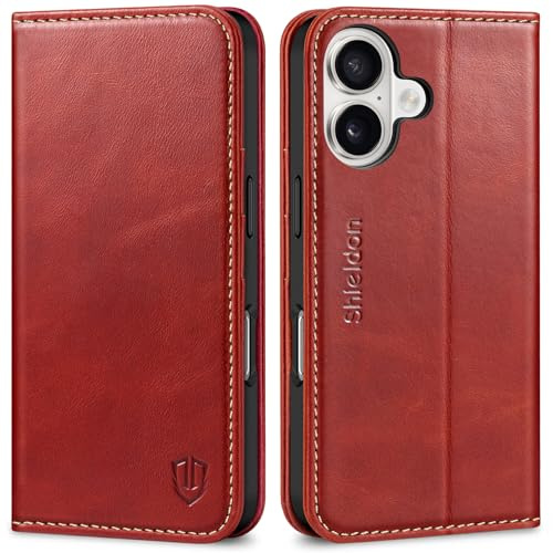 SHIELDON Case for iPhone 16 5G 2024, Genuine Leather Foldable Wallet Case Magnetic Closure Kickstand RFID Blocking Card Holder Shock-Absorbent Phone Cover Compatible with iPhone 16 6.1 - Retro Red