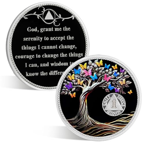 ACGZQY Chip de sobriedad de 1 mes, moneda AA de recuperación y medallón, mariposa árbol de la vida, moneda de sobriedad AA NA sobriedad símbolo de aniversario regalos de sobriedad alcohólicos