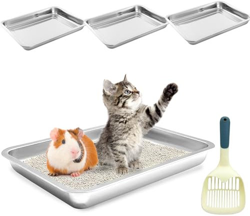 BNOSDM Katzentoilette aus Edelstahl mit niedrigem Eingang, flache Metall-Katzentoilette, antihaftbeschichtet, offene Oberseite, Katzenklo für Kätzchen, Kaninchen und Kleintiere, 4 Stück (40 x 30 x 4