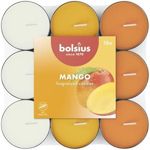 Bolsius - 18 Duft theelichter - Mango - Brenndauer von 3,5 Stunden - Durchmesser 38 mm – Natürliche Extrakte – Enthält Veganes Wachs – Ohne Palmöl