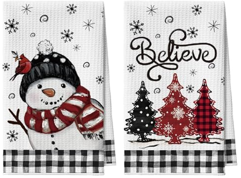 Artoid Mode Juego de 2 paños de cocina de microfibra con diseño de muñeco de nieve y árboles, motivo de cuadros de búfalo negro, para Navidad, 42x65 cm, absorbentes, decoración para la cocina
