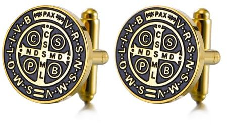 TEAMER Saint Benedict Cufflinks Stainless Steel St. Benedict Cufflinks Jesus Cross Religious Catholic Amulet of Strength Faith Protection Peace Prayer Jewelry For Men (Gold)