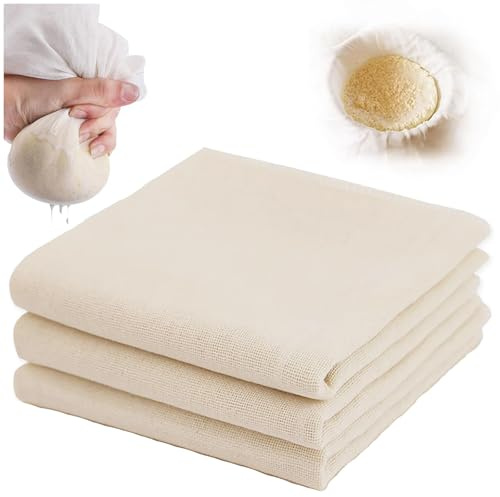 Garza Alimentare,3 PCS Tessuto Filtrante Cotone 50x50 cm Panno di Formaggio Non Sbiancato Telo Filtrante Riutilizzabile e Lavabile per Filtrare Formaggio Tofu Succo Tè Spezie Caffè